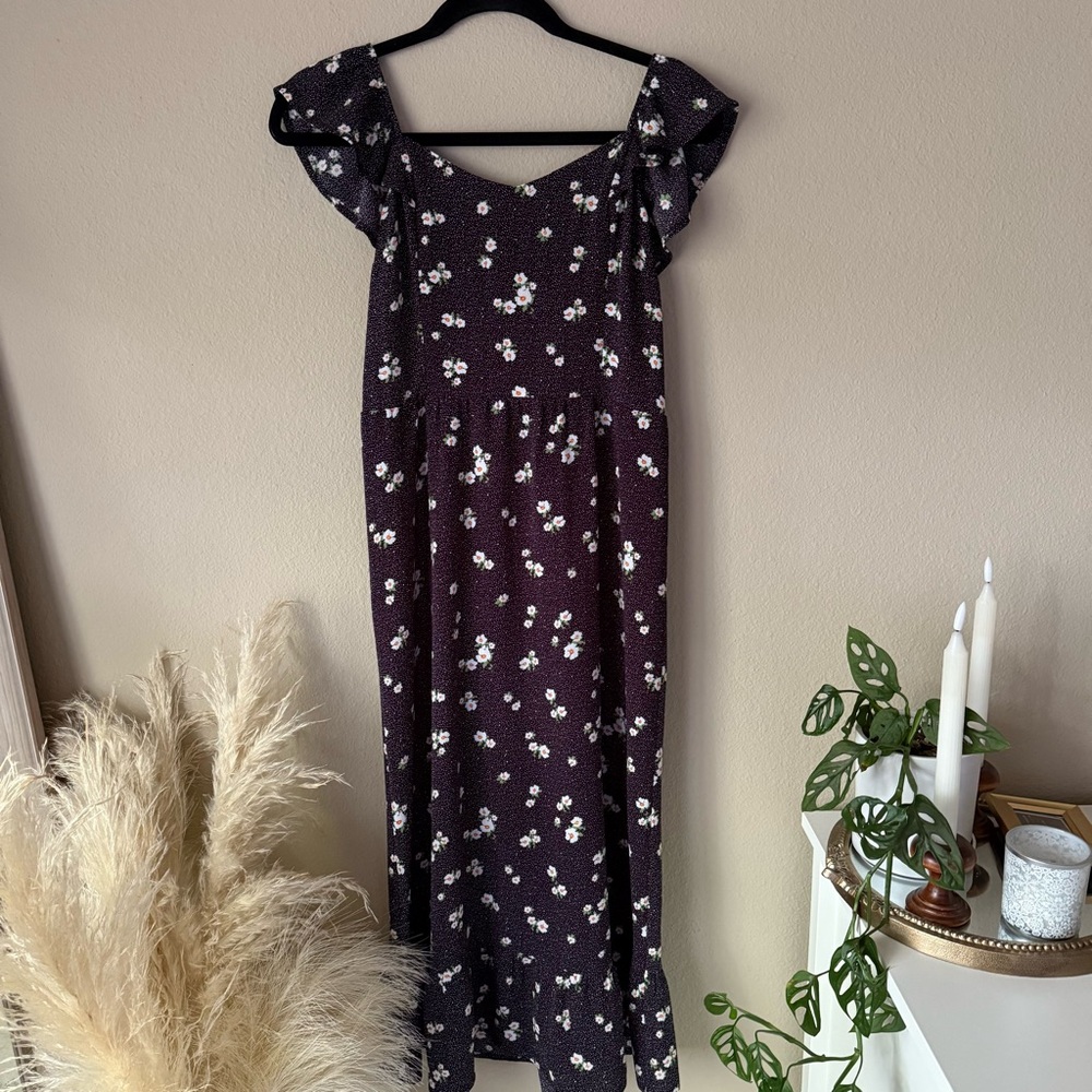 Monteau Los Angeles Black Floral Summer Midi Dress Micro Polka Dots Open Back